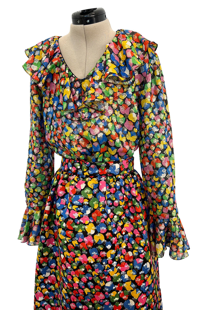 Numbered 1970s Christian Dior by Marc Bohan Demi-Couture Metallic Multi Color Silk Set
