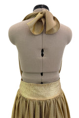 Fantastic Fall 1980 Bill Tice Metallic Gold Halter Front Backless Dress w Top Stiched Tie Belt & Front Slit