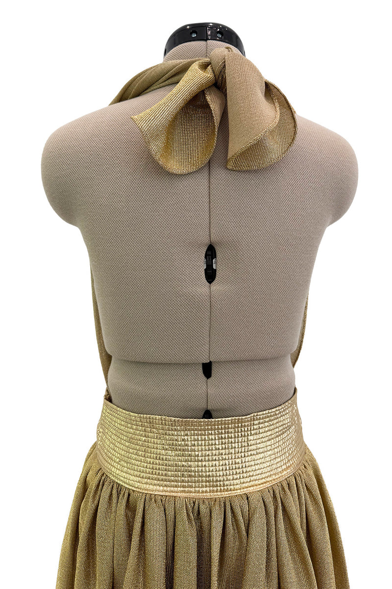 Fantastic Fall 1980 Bill Tice Metallic Gold Halter Front Backless Dress w Top Stiched Tie Belt & Front Slit
