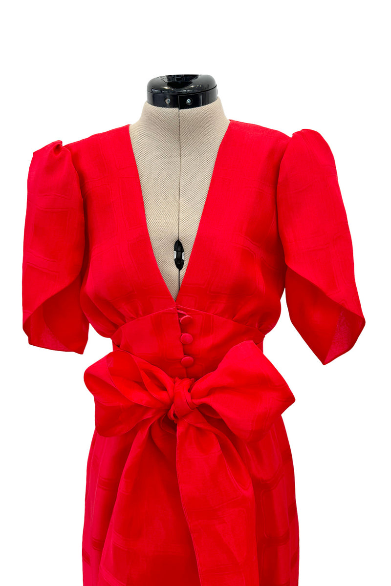 Gorgeous Spring 1974 Givenchy Red Silk Organza Full Lower Skirted Dress w Sash & Incredible Sleeves