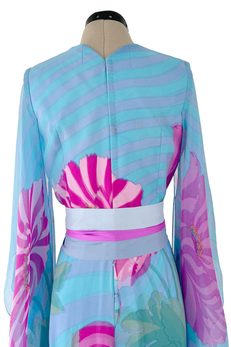 Fabulous 1970s Hanae Mori Couture Printed Silk Jumpsuit w Floor Length Angel Sleeves
