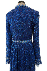 Documented 1970 Oscar de la Renta Brilliant Blue Sequin & Rhinestone Plunge Dress