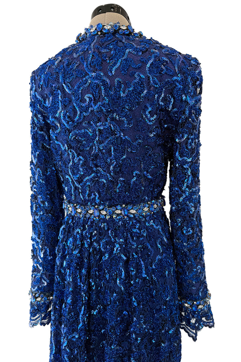 Documented 1970 Oscar de la Renta Brilliant Blue Sequin & Rhinestone Plunge Dress