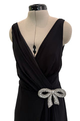 Beautiful 2000s Valentino Roma Black Bias Cut Silk Chiffon Dress w Front & Back Plunge & Silver Sequin Bow
