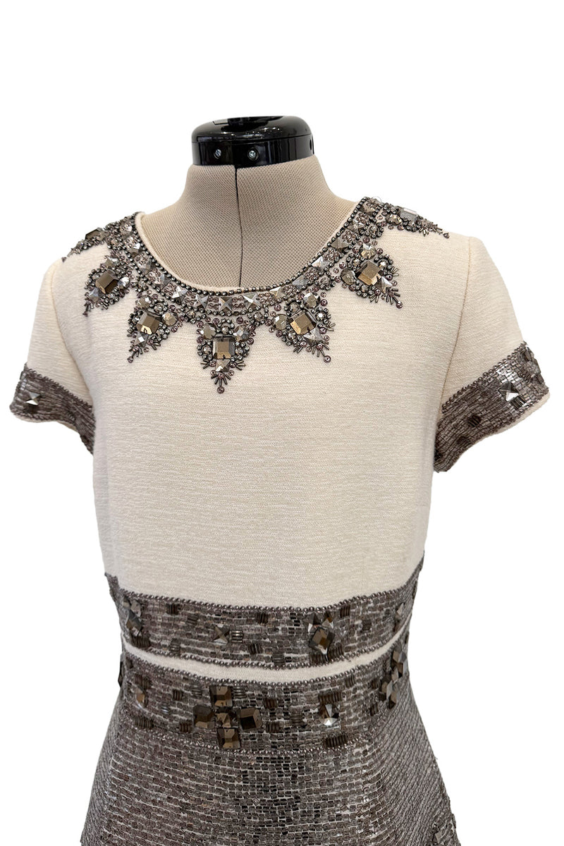 Superb Fall 2007 Oscar de la Renta Runway Look 38 Sequin & Bead on Ivory Boucle Wool Runway Dress