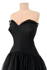 1940s Jean Patou Haute Couture Strapless Black Silk Chiffon Dress w Tiered Full Skirt