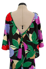 Prettiest 1970s Mr Blackwell Custom Black Jersey Dress w Bright Print & Sequin Detailing