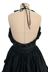 c 1970 Oscar de la Renta Black Silk Taffeta Backless Halter Neck Dress w Extensive Ruffle Detailing