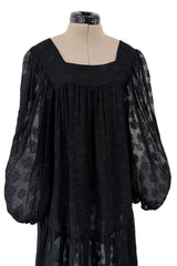 Chic c.1973 Yves Saint Laurent Black Gauzy Feeling Silk Chiffon Dress w Pattern & Full Sleeves