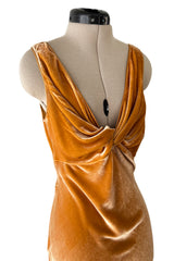 Magical Fall 2005 John Galliano Deep Golden Coloured Bias Cut Velvet Dress w Front Knot Detail