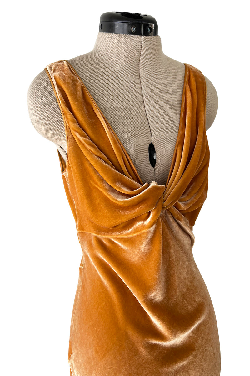 Magical Fall 2005 John Galliano Deep Golden Coloured Bias Cut Velvet Dress w Front Knot Detail