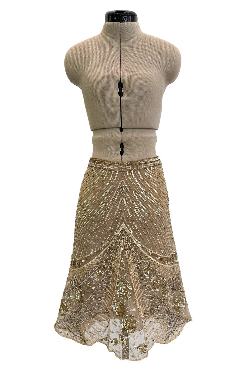 Prettiest 2000s Valentino Roma Metallic Gold Sequin & Bead Silk Chiffon on Netting Top and Skirt Set