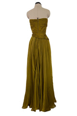 Fall 1989 Oscar de la Renta Iridescent Green Gold Silk Chiffon Strapless Dress w Matching Cape