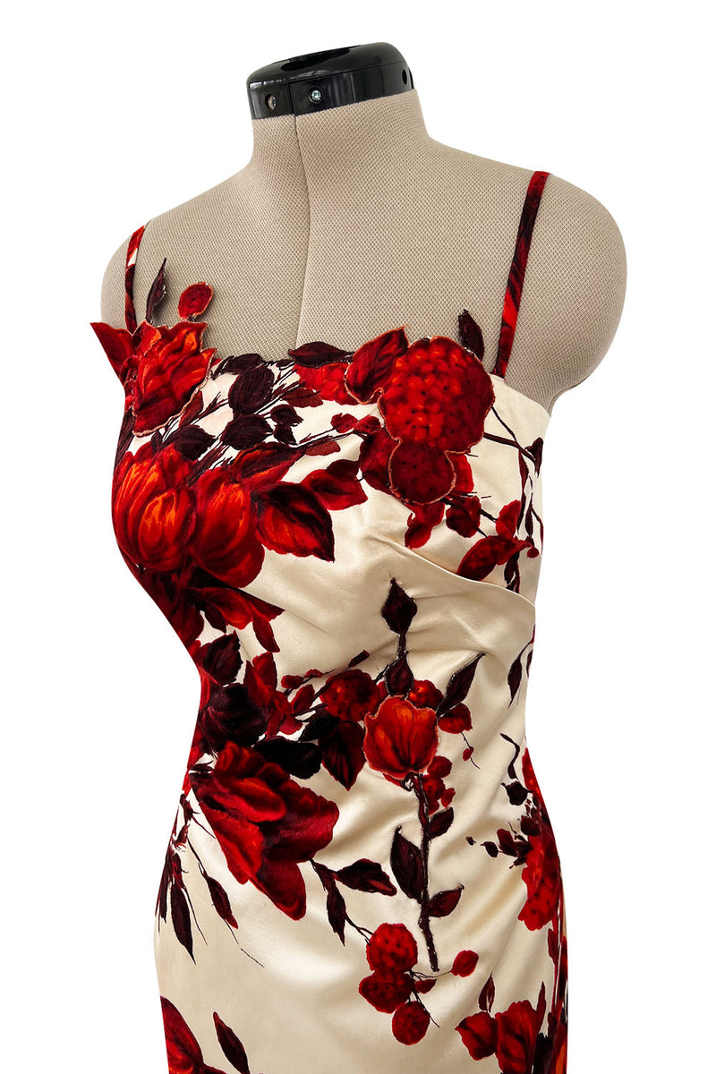 Rare & Beautiful 1950s Philip Hulitar Couture Dress w Fused Velvet Roses on a Rich Ivory Silk
