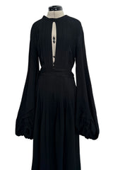 1971 Ossie Clark Couture "Come Fly With Me" Black Moss Crepe Open Back Wrap Dress w Huge Sleeves