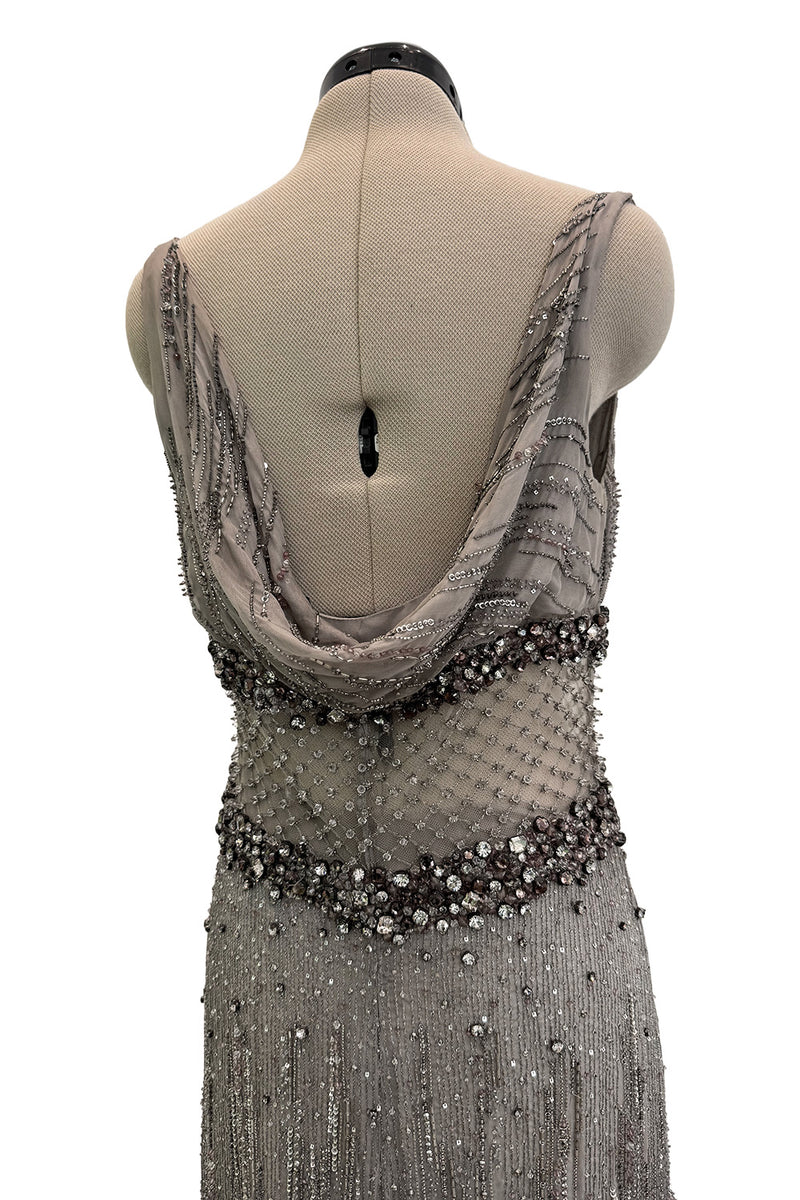 2010s Valentino by Pierpaolo Piccioli & Maria Grazia Chiuri Sequin & Rhinestone Embellished Deep Silver Silk Dress