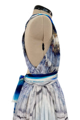 Resort 2010 Alexander McQueen Silk Chiffon Blue Print Dress w Plunging Front & Open Back