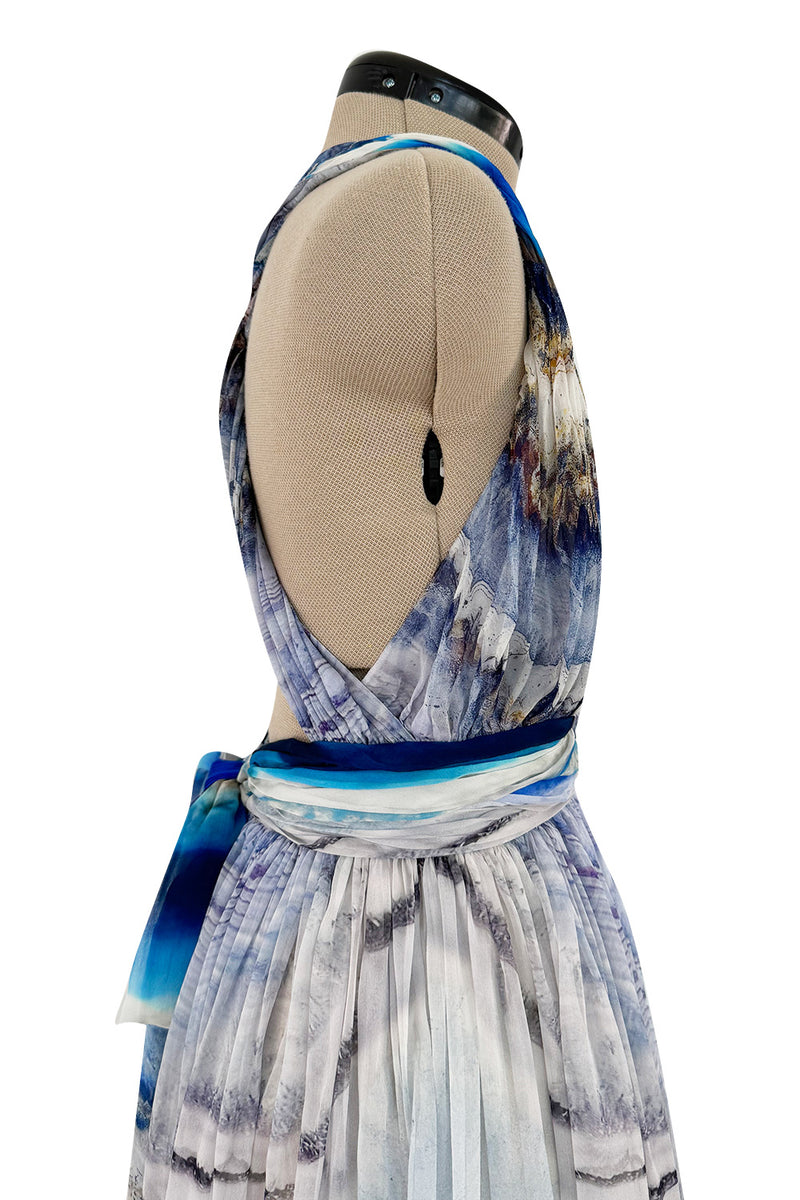 Resort 2010 Alexander McQueen Silk Chiffon Blue Print Dress w Plunging Front & Open Back
