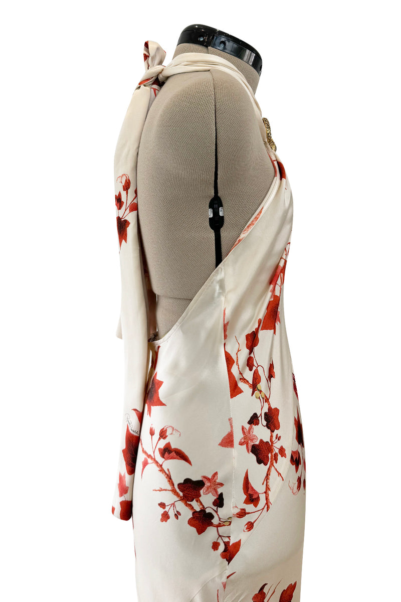 Spectacular Spring 2007 Roberto Cavalli Ivory & Coral Print Bias Cut Silk Dress w Twisted Halter Front & Low Back