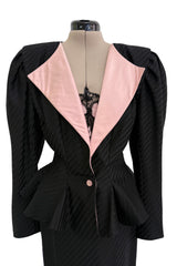 Fantastic Spring 1984 Emanuel Ungaro Haute Couture Black Stripe Jacket & Skirt Suit + Pink Camisole