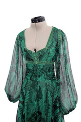 Well Documented Spring 1970 Unlabeled Thea Porter Green Butterfly Print Silk Chiffon Dress