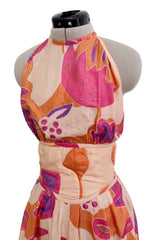 Spring 1981 Bill Tice Deco Pattern Printed Tissue Silk Backless Jumpsuit w Balloon Pouf Legs