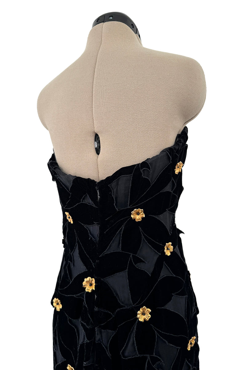 Spectacular 1980s Hubert de Givenchy Haute Couture Velvet Floral Cut Out Dress w Gold Metal Flowers