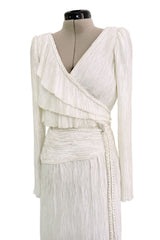 Stunning 1970s-80s Mary McFadden Couture White Pleated Dress w Attached Braided Belt
