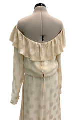 Amazing Fall 1973 Yves Saint Laurent Haute Couture Runway Off Shoulder Ivory Dress w Hand Applied Dots
