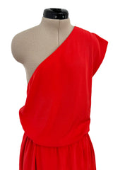 Spring 1980 Christian Dior by Marc Bohan Haute Couture One Shoulder Coral Red Silk Dress