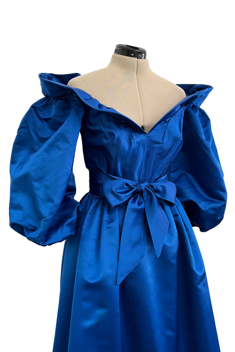 Wonderful 1980s Dan Werle Brillant Blue Silk Dress w Ruffled Off Shoulder Neckline