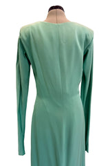 Iconic Spring 1985 Yves Saint Laurent Haute Couture Runway Pale Green Silk Dress w Front Plunge & Tie