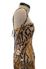 Sexiest 2003 Roberto Cavalli Laced Back Corset Leopard Print Silk Chiffon Dress w Stitched Panels