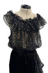 Rare Fall 1978 Yves Saint Laurent Runway Metallic Gold & Black Ruffle Top & Wrap Skirt Set