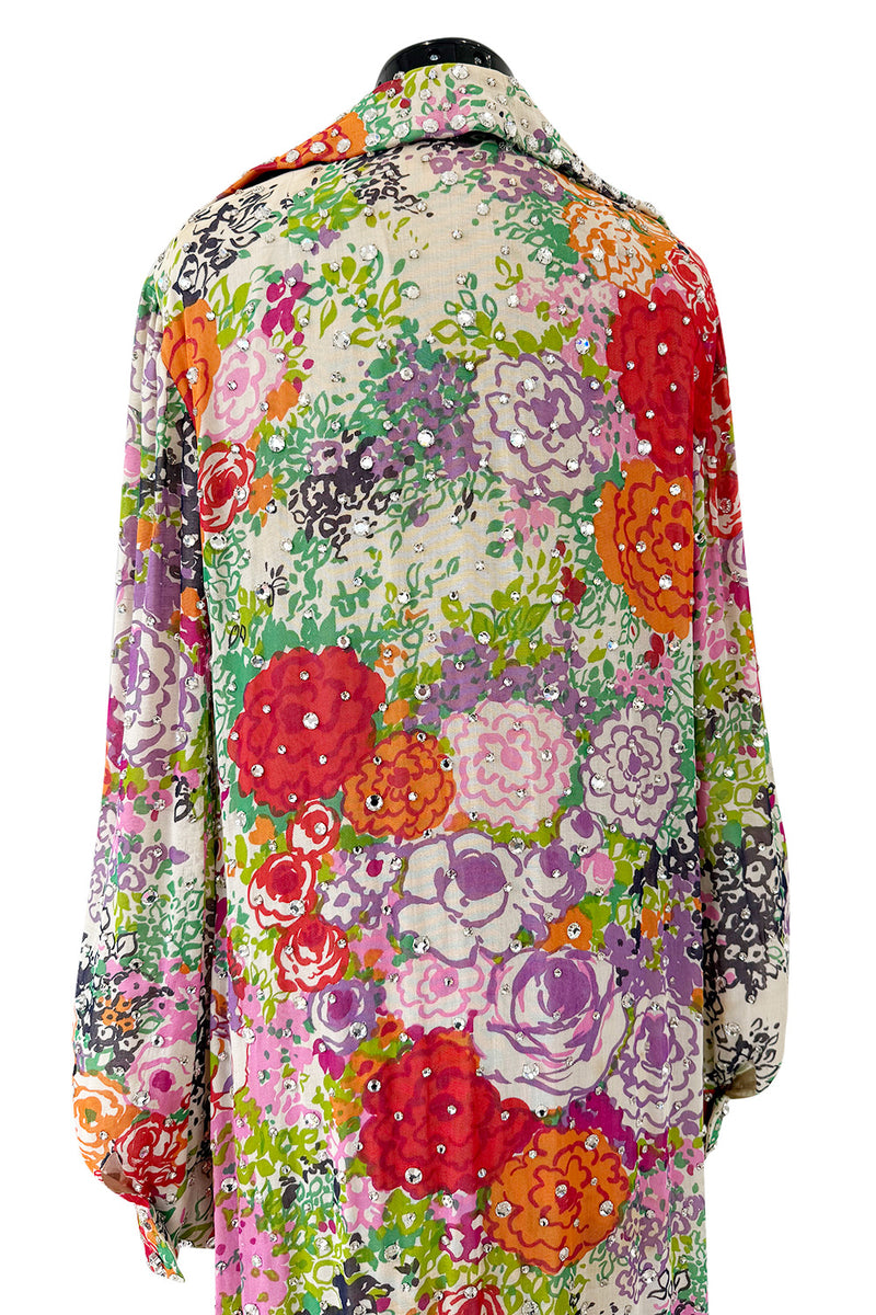 Beautiful Spring 1974 Pauline Trigere Runway Floral Print Dress w Rhinestone Detailing