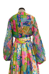 Fantastic Spring 1969 Kiki Hart Multi Colour Floral & Pattern Silk & SIlk Organza Dress w Balloon Sleeves
