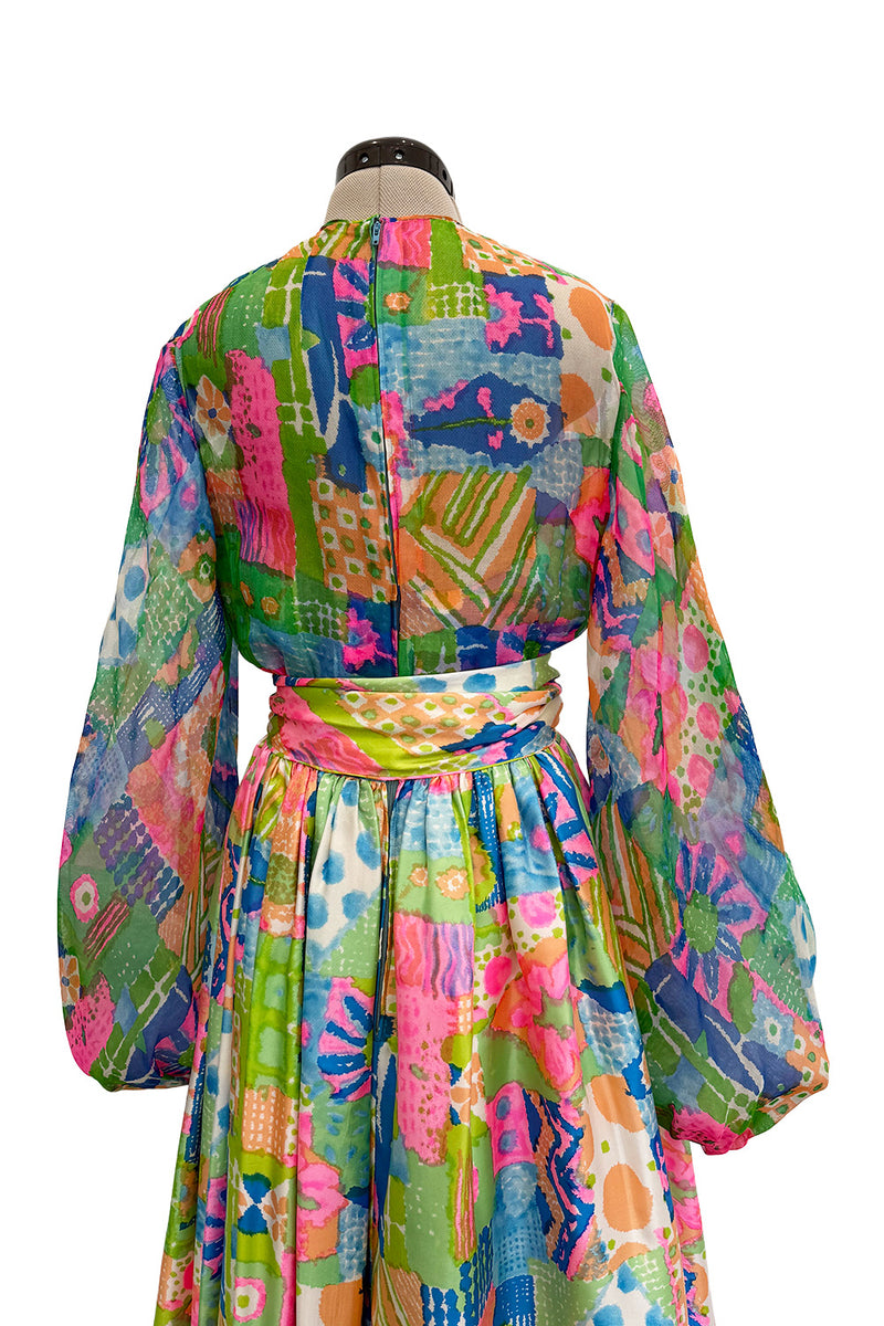 Fantastic Spring 1969 Kiki Hart Multi Colour Floral & Pattern Silk & SIlk Organza Dress w Balloon Sleeves