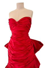 Late 1980s Bellville Sassoon Strapless Red Silk Dress w Full Skirt & Black Glitter Tulle Underskirt & Bow