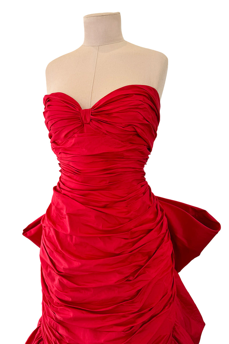 Late 1980s Bellville Sassoon Strapless Red Silk Dress w Full Skirt & Black Glitter Tulle Underskirt & Bow