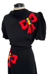 Gorgeous 1940s Unlabeled Black Crepe Dress w 3D Floral Detailed Bright Red Bow Appliques