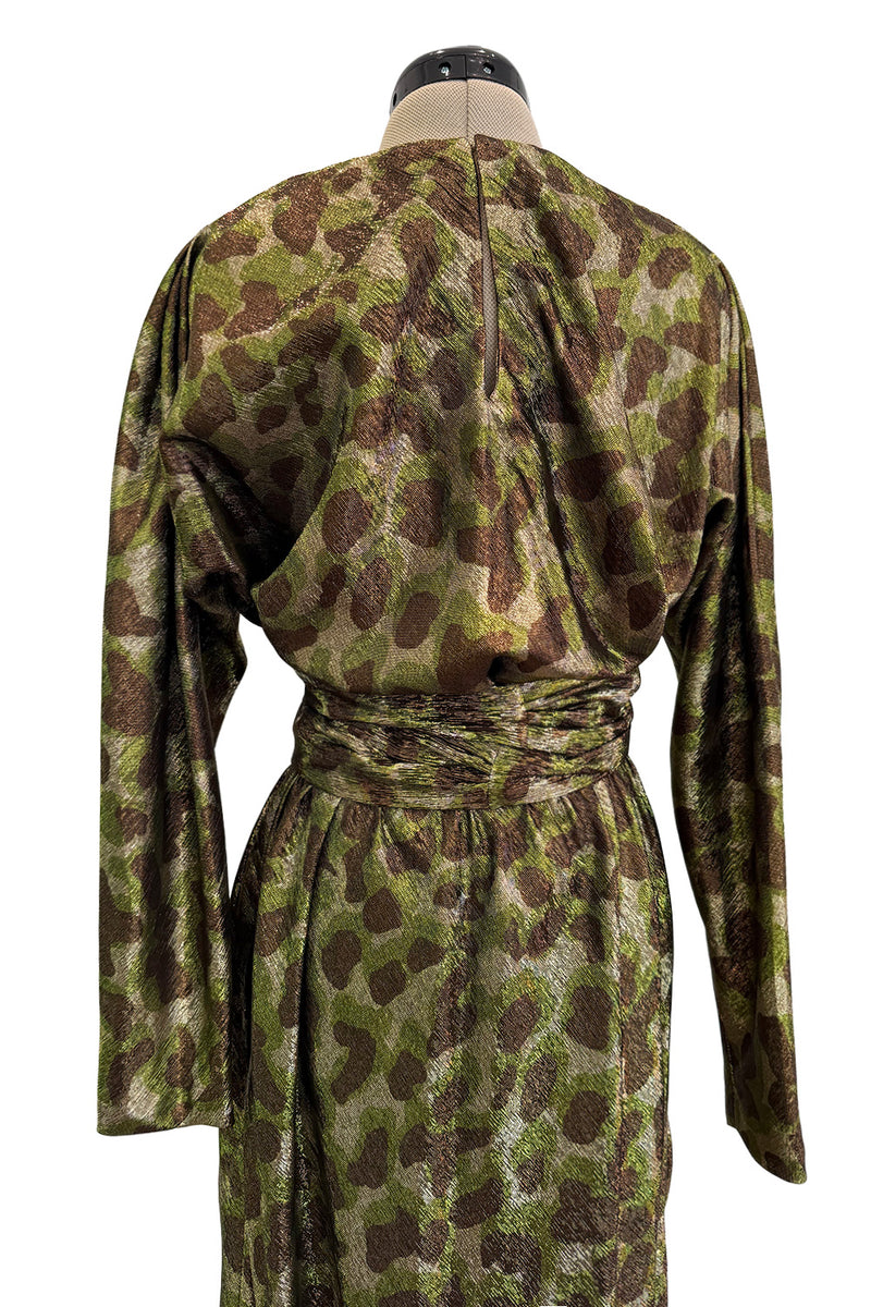 Fall 1979 Halston Runway Olive Brown & Deep Metallic Gold Leopard Print Bias Cut Dress w Belt