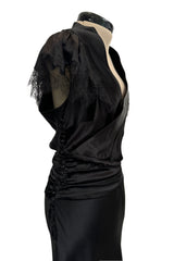 Iconic Fall 2005 John Galliano Black Silk Bias Cut Dress w Plunge Front & Lace Trimmed Cap Sleeves