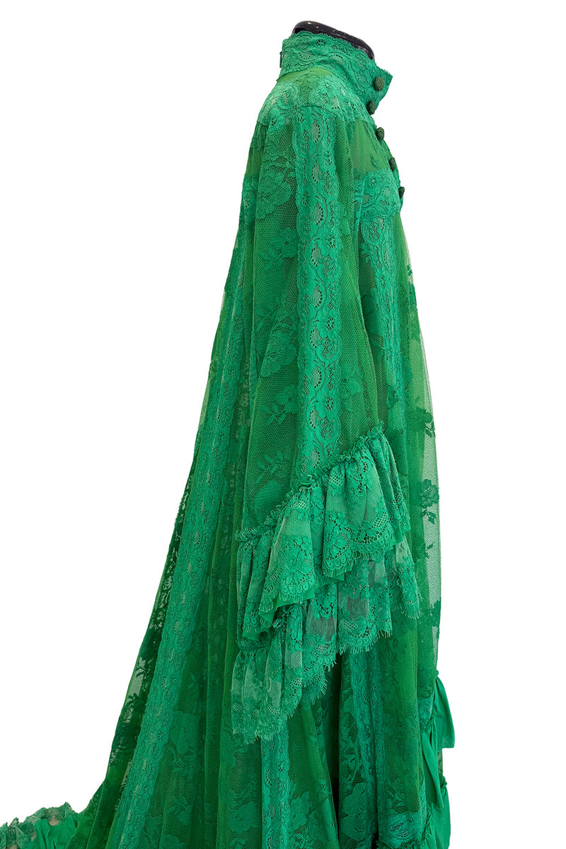 Remarkable Resort 2019 Gucci by Alessandro Michele Runway Look 9 Green Lace & Net Ruffle Dress w Train