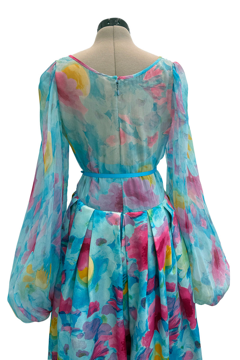 Prettiest 1970s Richilene Pastel Turquoise & Pink Floral Print Silk & Silk Chiffon Dress w Balloon Sleeves