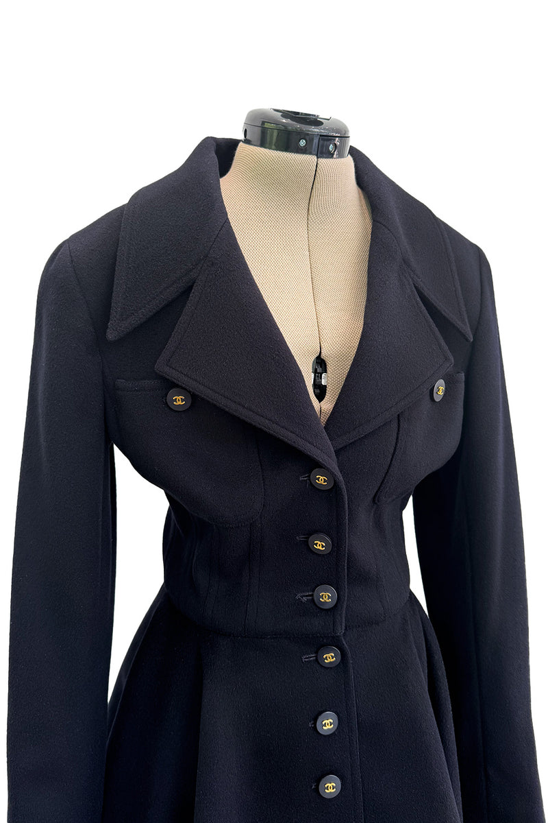 Amazing Fall 1994 Chanel by Karl Lagerfeld Runway Look 20 Deep Blue Black Cashmere Flare Jacket