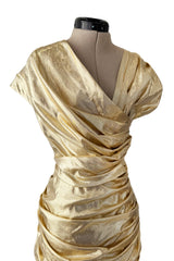 Museum Held 1986 Thierry Mugler Gold Feather Light Lame Dress w Gathered Sides