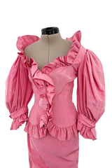 Phenomenal Spring 1988 Jean Louis Scherrer Haute Couture Pink Ruffle Suit w Balloon Sleeves