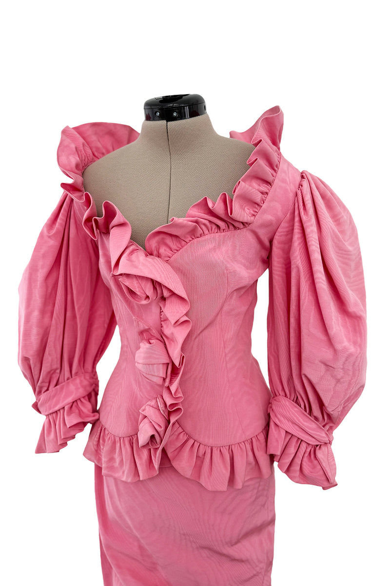 Phenomenal Spring 1988 Jean Louis Scherrer Haute Couture Pink Ruffle Suit w Balloon Sleeves