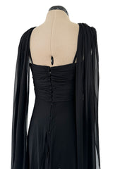 Gorgeous Spring 1989 Bill Blass Runway Black Silk Halter Chiffon w Trailing Shoulder Panels