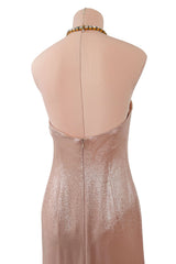 Outstanding Fall 2000 Thierry Mugler Dusty Pink Metallic Dress w Rhinestone & Metal Collar